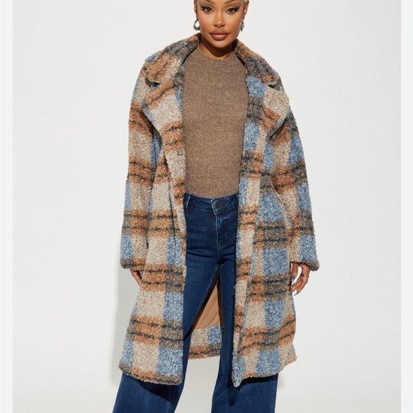 Stoosh Jackets & Blazers - Stoosh Plaid Teddy Midi Faux Fur Coat